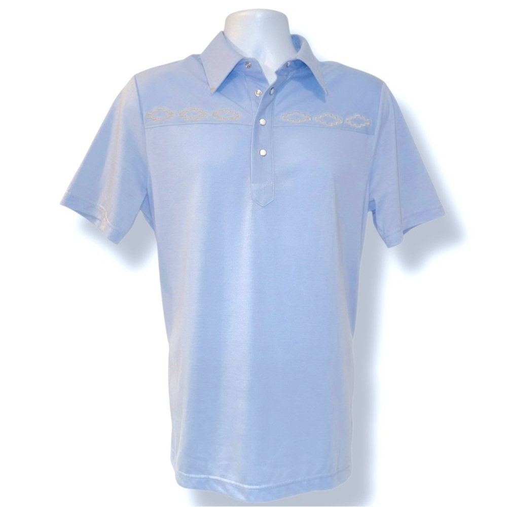 QED Style Polo Shirt Men’s Medium Blue Geometric Embroidered Western Snap Collar